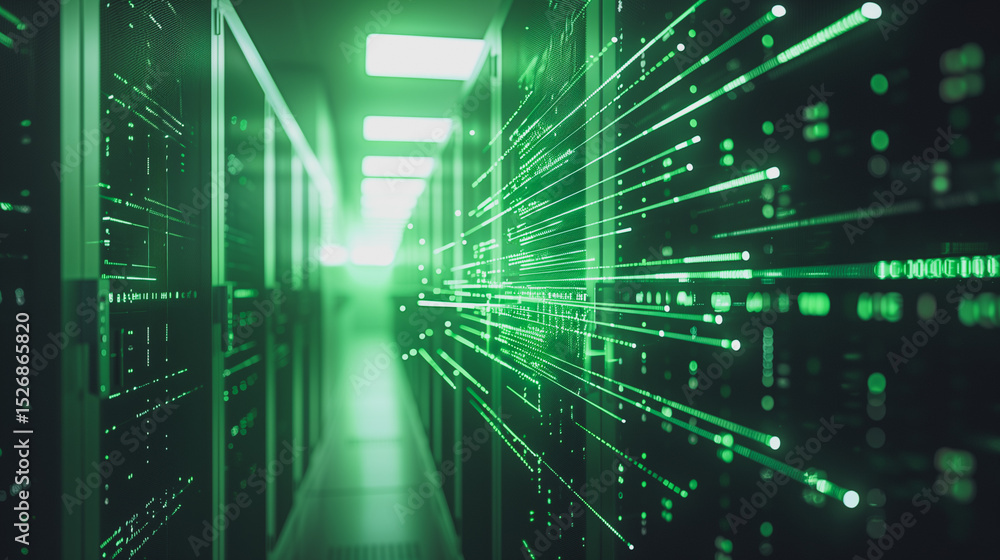 Poster server room data flow: a futuristic, green-lit server room showcases the intricate data flow within 
