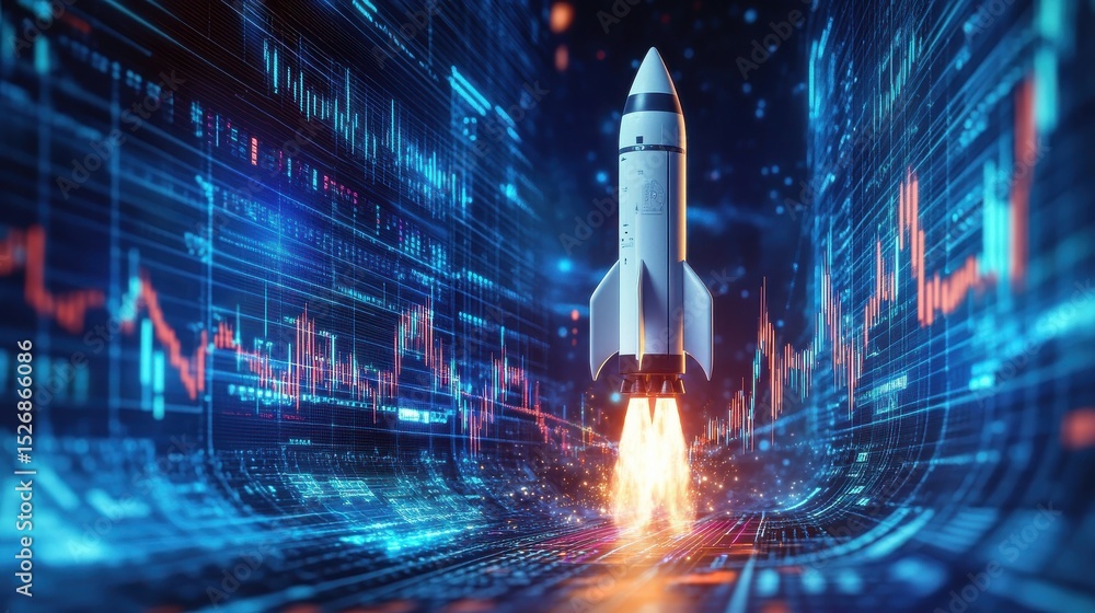 Aufkleber a rocket launch depicted against a digital background with glowing stock market graphs and upward-po