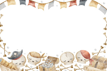 Skulls pirates bones chest bubbles garland horizontal frame watercolor illustration. Template isolated for birthday invitation baby shower greeting cards