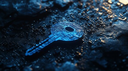 A digital key with circuit board pattern represents cybersecurity on a dark background