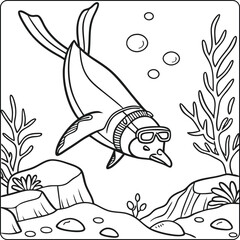 Obraz premium Cool Penguin Scuba Diving Underwater Adventure Coloring Page