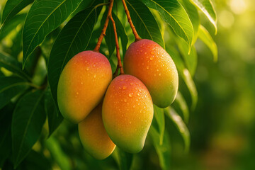Mangoes on tree branch with water droplets and lush green leaves in natural light, ideal for packaging, farming visuals, juice ads, and tropical product branding.
