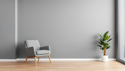 Stylish grey armchair in minimalist living room modern interior design bright space