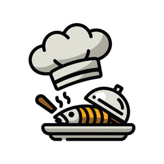 vector icons cooking food chef hat include a pizza slice, a sushi roll, spaghetti and meatballs, a curry bowl burger , fish 
