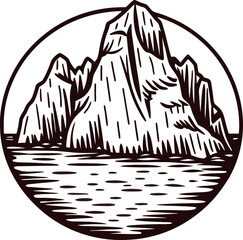 Hand drawn mountain landscape with waves in circular frame vintage engraved isolated illustration