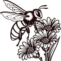 Intricate line art illustration of a bee collecting nectar from blooming daisies in a detailed botanical