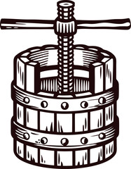 Hand drawn wooden grape wine press vintage engraving isolated on white background with detailed metal screw handle