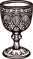 Intricately decorated ornate chalice goblet with vintage pattern, isolated engraving black and white illustration