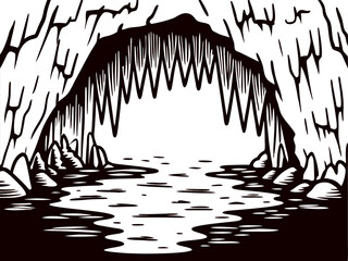 Scenic view of a serene water filled cave with stalactites and rocky formations