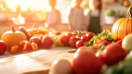 Harvest gathering with fresh vegetables in a sunlit kitchen environment
