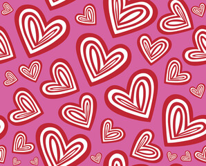 Beautiful hand drawn decorative Valentine vector seamless pattern with red hearts