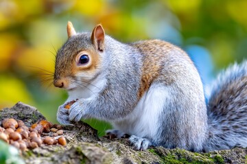 Fototapeta premium Adorable gray squirrel holding nut in lush autumn forest setting