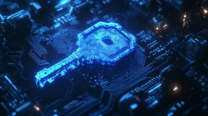 A glowing blue key rests on a circuit board, symbolizing digital security and technology