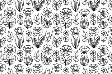 Line art hand drawn seamless floral pattern. Pattern with repeating flower drawings with black thin line on white background.