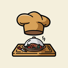vector icons cooking food chef hat include a pizza slice, a sushi roll, spaghetti and meatballs, a curry bowl burger , fish 
