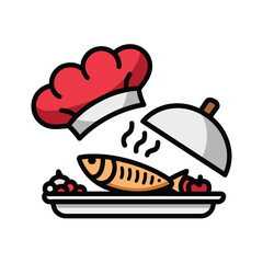 vector icons cooking food chef hat include a pizza slice, a sushi roll, spaghetti and meatballs, a curry bowl burger , fish 
