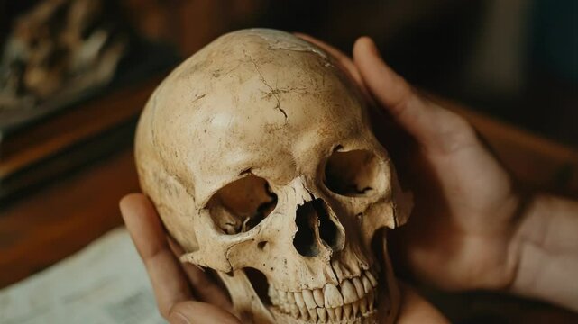 A human skull held gently in hands, resting on a vintage book. This image evokes themes of anatomy, education, and the intersection of life and death in scientific study.