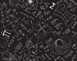 Educational vector seamless texture with handwritten scientific math and physics formulas, equations and geometry figures