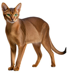 A brown Abyssinian cat with green eyes is standing on a transparent background
