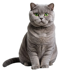 A grey cat with green eyes is sitting on a transparent background