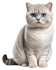 A white tabby cat with blue eyes is sitting on a transparent background