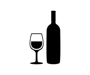 Wine bottle with wine glass silhouette icon. Minimalist wine bottle and glass illustration on transparent background. 