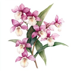 Pink and White Orchid Watercolor Painting Botanical Illustration