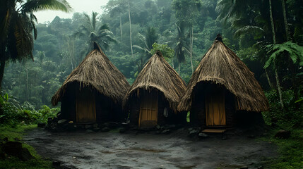 Three Thatched Huts in a Tropical Rainforest During Rain