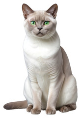 white cat with brown paws and tail and green eyes sits on a transparent background