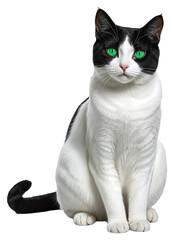 White and black cat with green eyes sitting on a transparent background