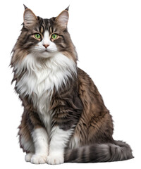 A fluffy brown and white cat with green eyes is sitting on a transparent background