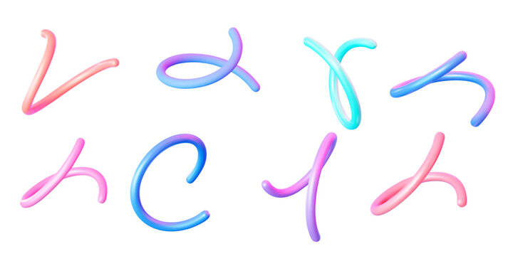 3D illustration of vibrant abstract twists and ribbon shapes in gradient colors. Decorative elements for web design and creative projects. Vector illustration.