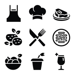 vector icons cooking food chef hat include a pizza slice, a sushi roll, spaghetti and meatballs, a curry bowl burger , fish 

