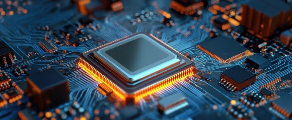 The intricate microchip glowing on a high-tech circuit board.
