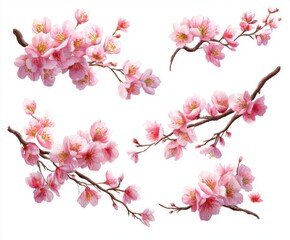 Obraz premium Watercolor Cherry Blossom Branches Set - Delicate Pink Flowers on White Background, Springtime Floral Illustration for Wedding Invitations and Design Projects