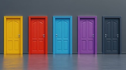 A series of brightly colored doors on a solid gray background representing access and inclusion, Emphasizing the open opportunities for all individuals, minimalistic style
