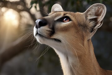 Close-up portrait of a majestic fossa in sunlit forest environment