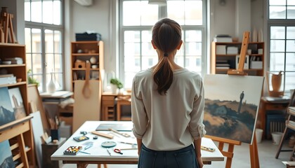 Creative artist in studio art creation process natural light inspirational atmosphere rear view