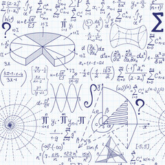 Math vector seamless pattern with handwritten scientific formulas, figures and calculations handwritten on copybook paper