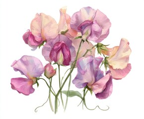 Watercolor Sweet Pea Flowers Isolated on White - Delicate Floral Illustration for Spring, Summer, and Botanical Designs (Lathyrus odoratus)