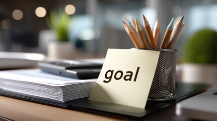 A cluttered desk with colorful pencils and a sticky note reading 'goal' creates an inspiring workspace vibe