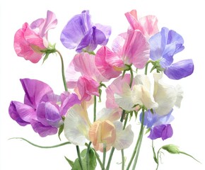 Sweet Pea Watercolor Painting, Floral Art Print, Botanical Illustration, Pastel Flower Bouquet, Delicate Spring Blossom, Isolated on White Background
