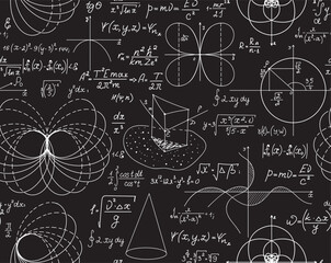 Math educational vector seamless pattern with handwritten mathematical formulas, equations and algebra and geometry figures