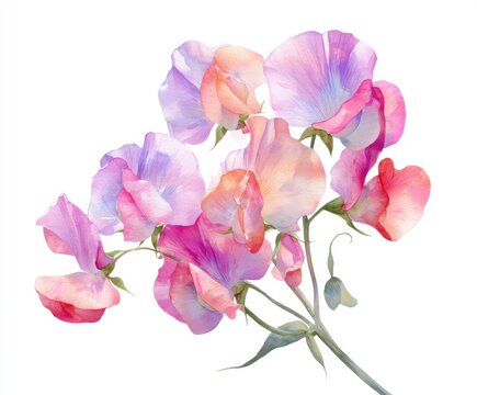 Watercolor Sweet Pea Flowers Bouquet Isolated on White Background - Delicate Floral Illustration for Botanical Art, Greeting Cards, and Spring Designs