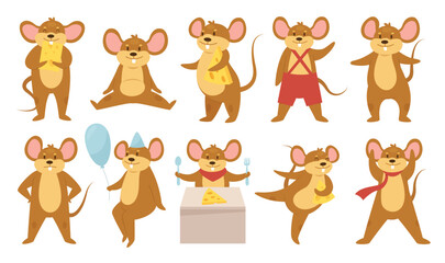 Fototapeta premium Cute mouse animals vector illustration set. Cartoon funny mouse or rat characters eat cheese at birthday happy party with balloon, dance or sit in different poses, mice collection isolated on white