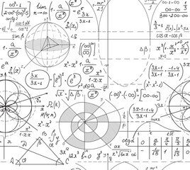 Mathematical vector seamless pattern with handwritten mathematical and physics formulas, equations and figures on  white copybook paper