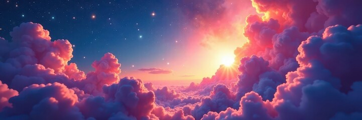 Celestial beings, vibrant hues, swirling clouds, digital, gods, energy