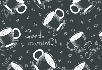 Beverage vector seamless pattern with hand drawn coffee cups, coffee beans and the text "Good morning!"
