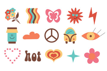 Stickers pack flowers, hearts, butterfly, clouds in retro style set on white background for stickers, wallpapers, greeting cards, icons, packaging, fabrics	