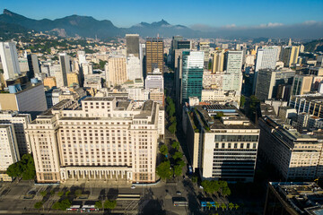 Aerial View of Ministry of Finance of Rio de Janeiro With City Skyline and Mountains in the Horizon